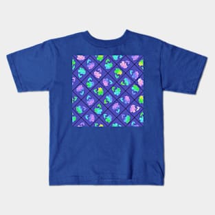 Window Pane Diagonal Floral Black Line on Purple Kids T-Shirt